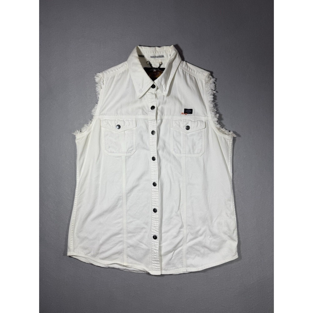 100% Cotton Harley Davidson Embroidered Women's White Cut Off Vest Size L Moto